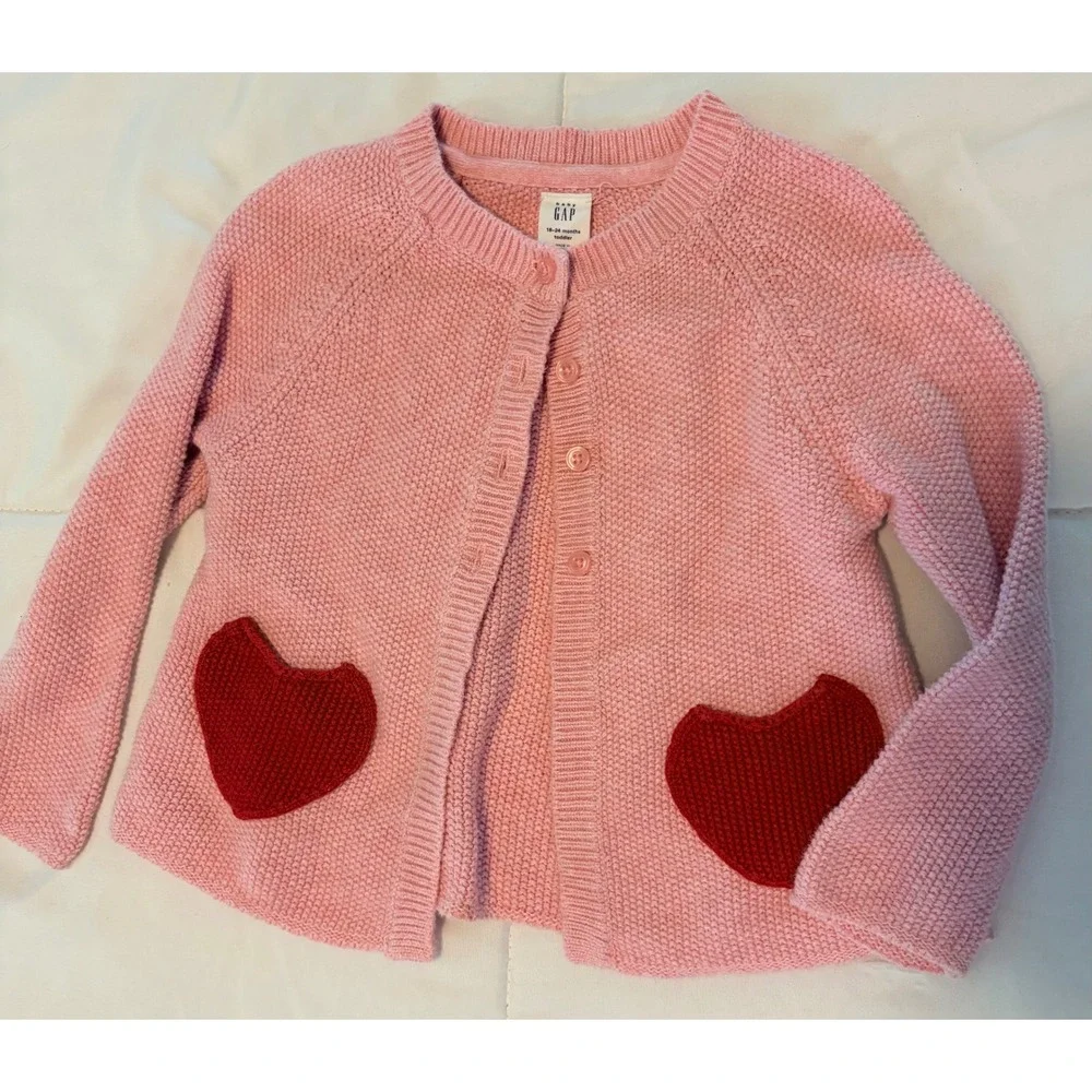Baby Gap Pink Heart Pocket Knit Cardigan Sweater Girls 18-24 Months Toddler